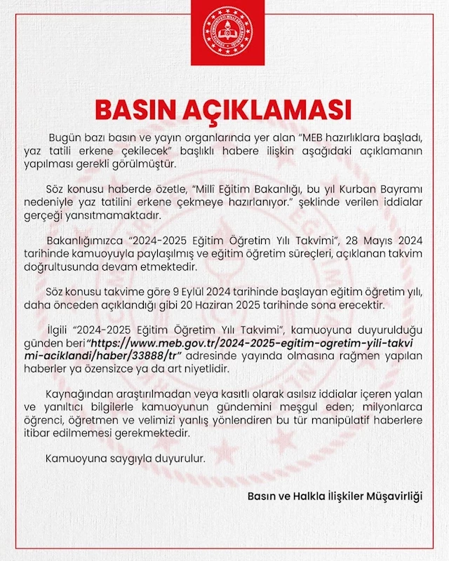 Yaz Tatilinin Erken Başlaması İddialarına MEB Açıklaması