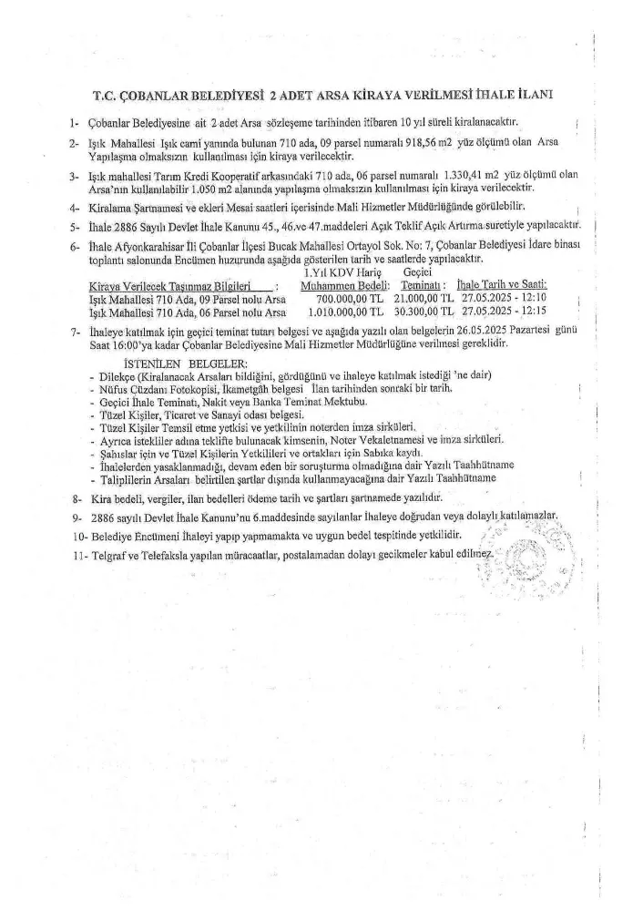 ÇOBANLAR BELEDİYESİ 2 ADET ARSA KİRAYA VERİLMESİ İHALESİ