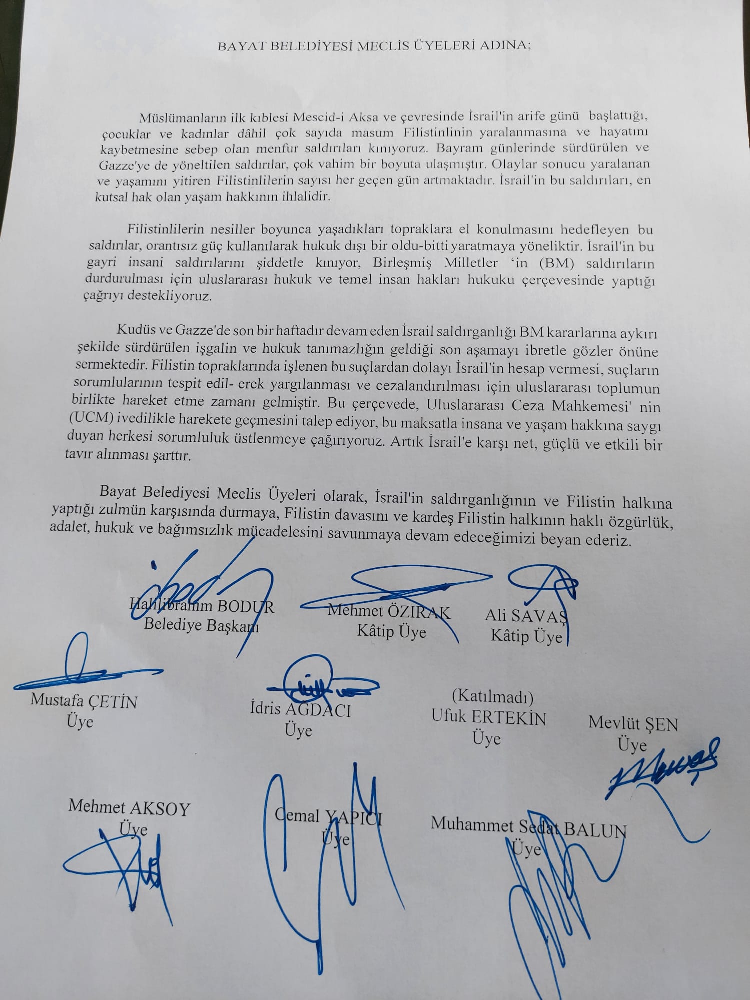 Bayat Belediye Meclis’inden İsrail zulmüne tepki!